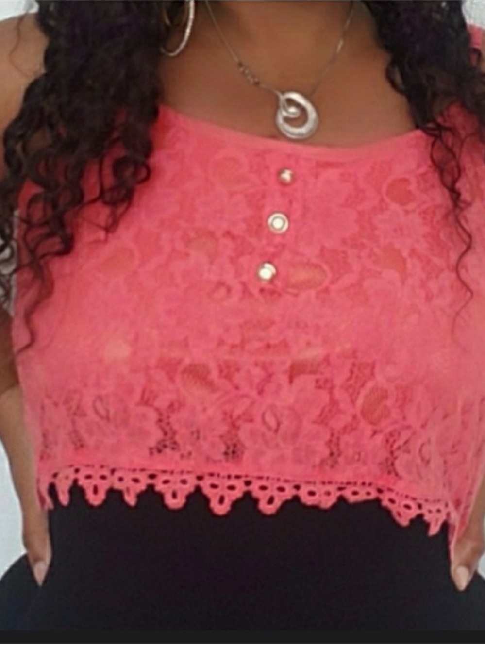 NWT Love Tree Coral Lace Cropped Tank with Button Front